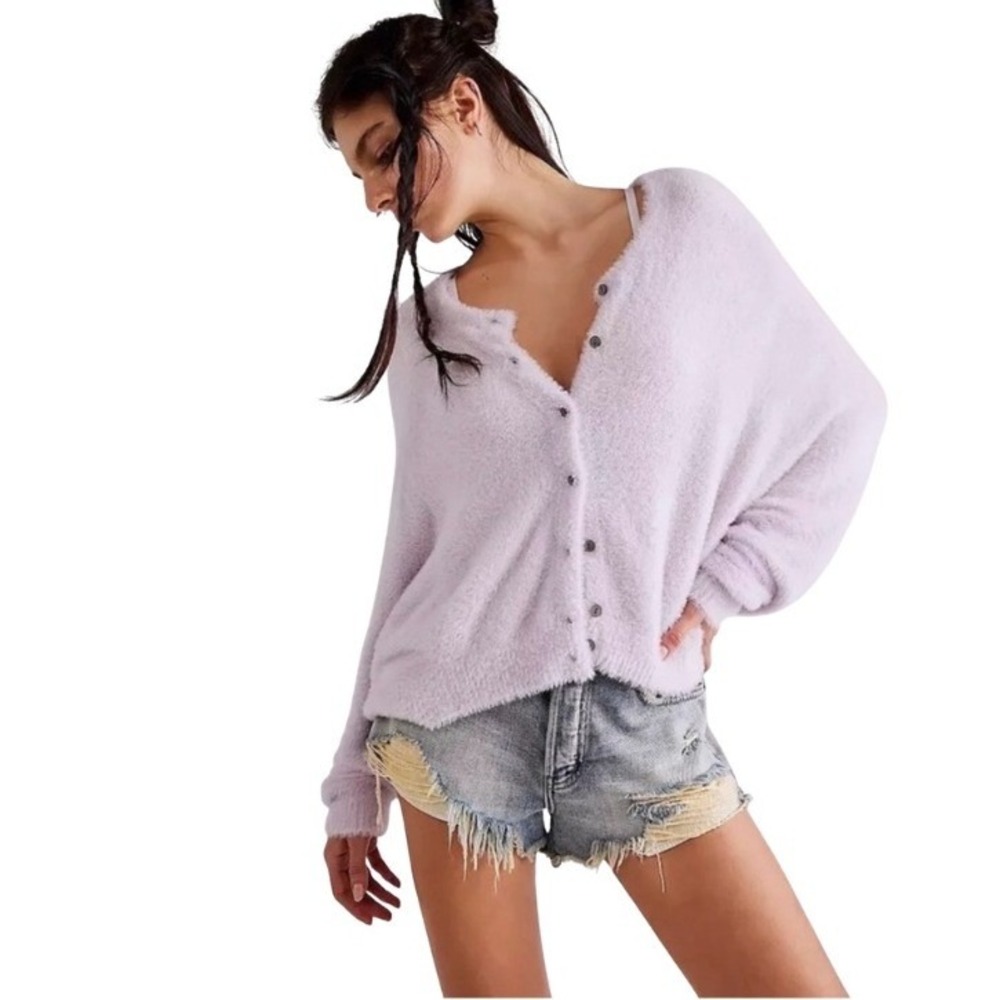 Free People Lavender Fuzzy Button-Up Cardigan